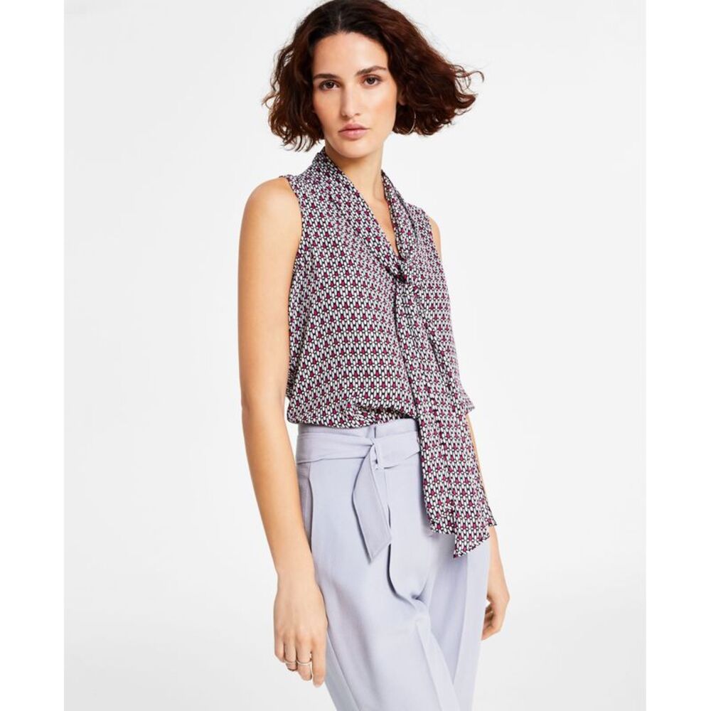BAR III Women's Geo Print Sleeveless Bow-Tie Blouse
